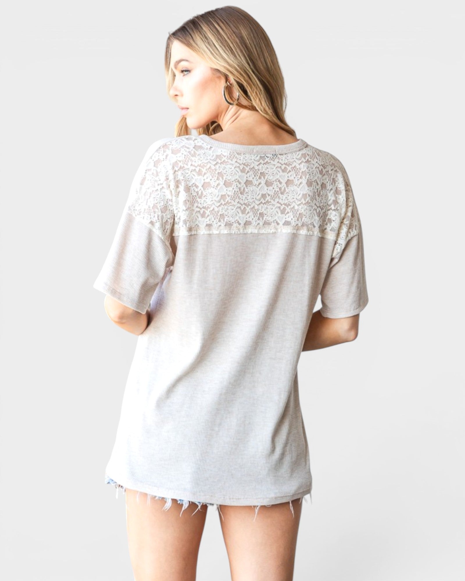 Oatmeal Lace Detail Split Neck Top