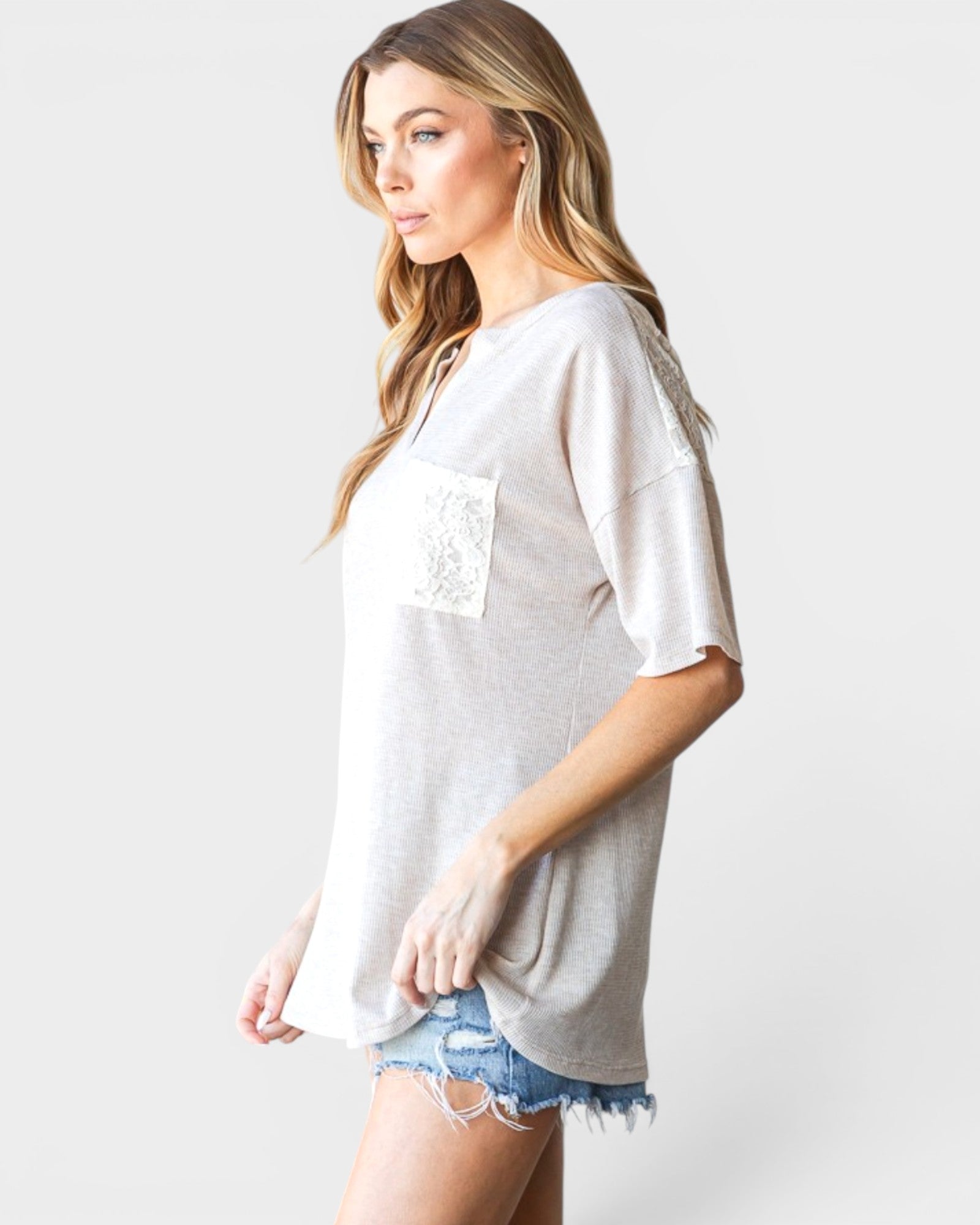 Oatmeal Lace Detail Split Neck Top