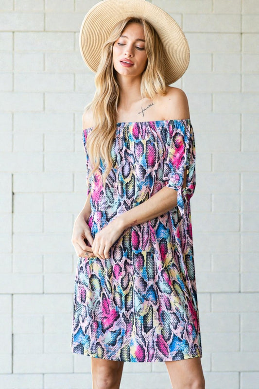 Multicolor Snake Print Off-Shoulder Mini Dress