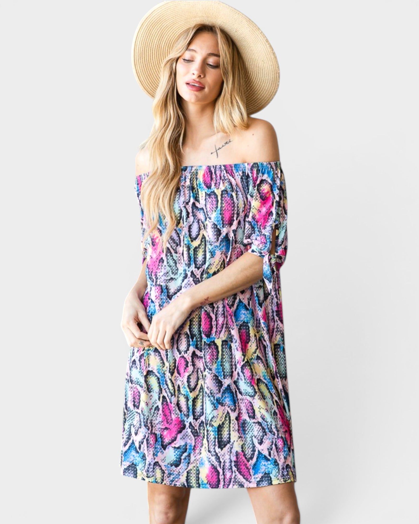 Multi Snake Print Off Shoulder Dress