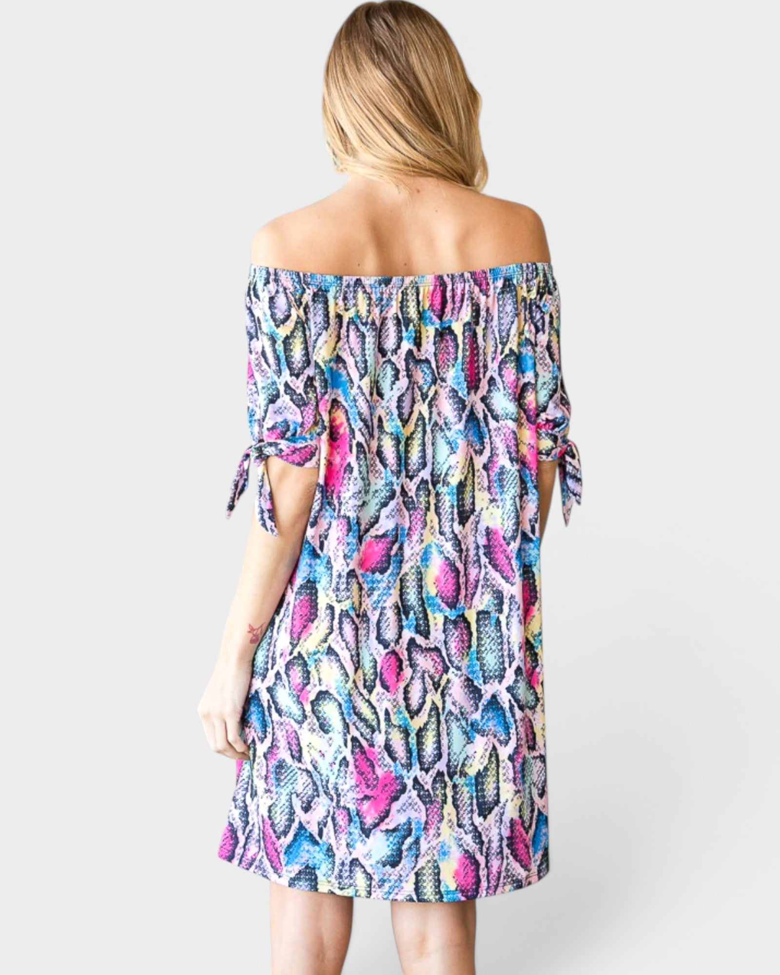 Multi Snake Print Off Shoulder Dress