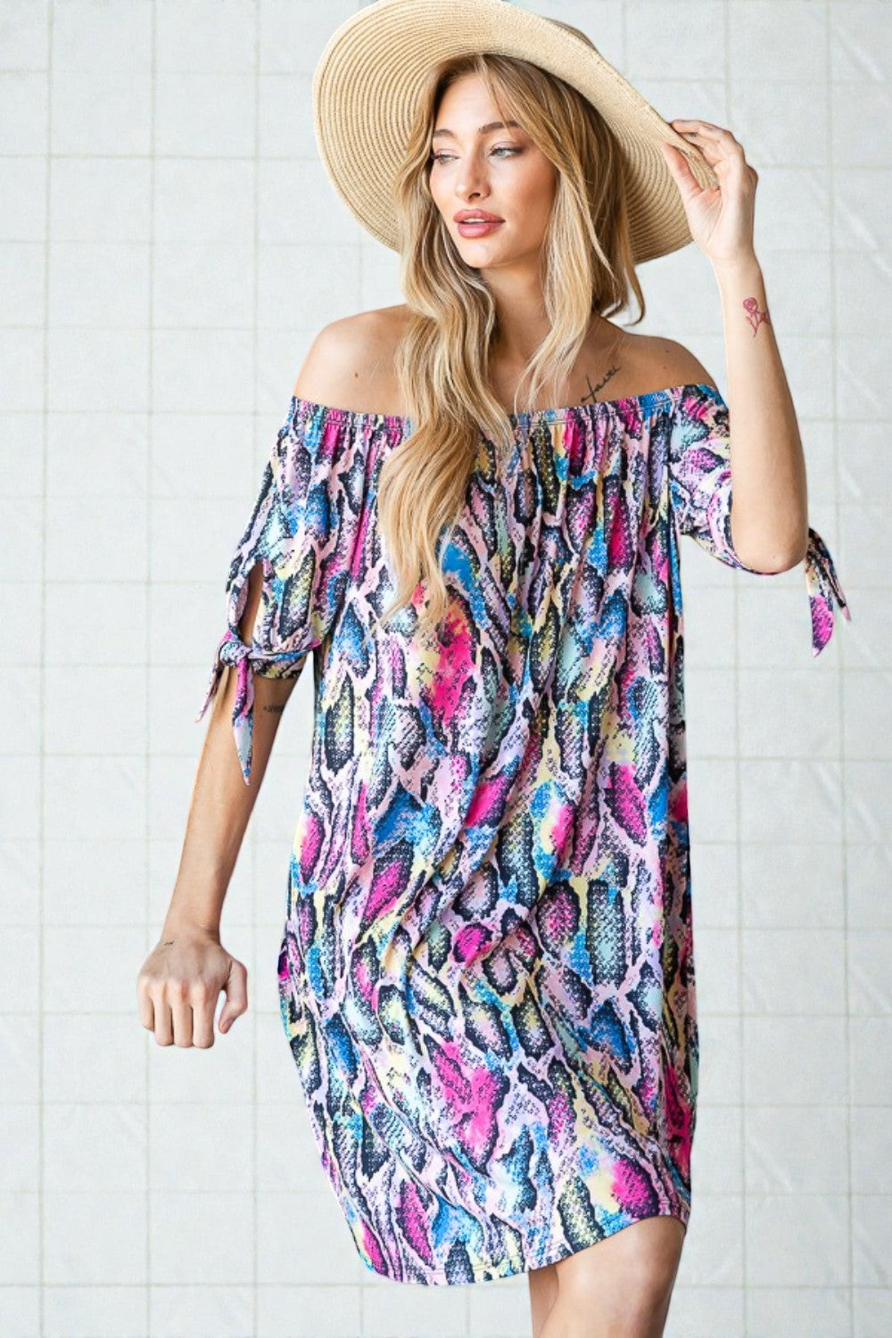 Multicolor Snake Print Off-Shoulder Mini Dress