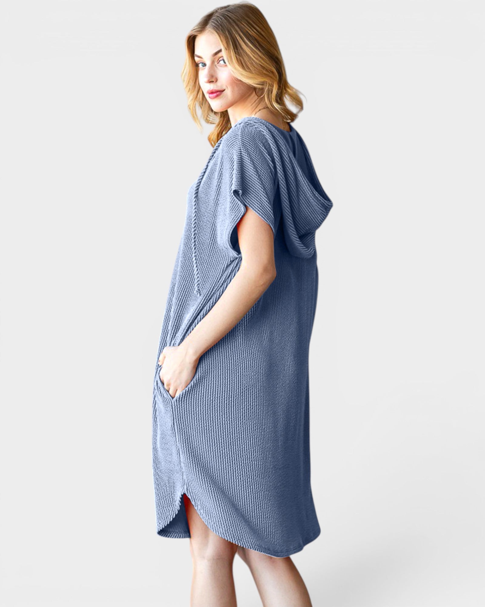 Denim Blue Hooded Ribbed Dress
