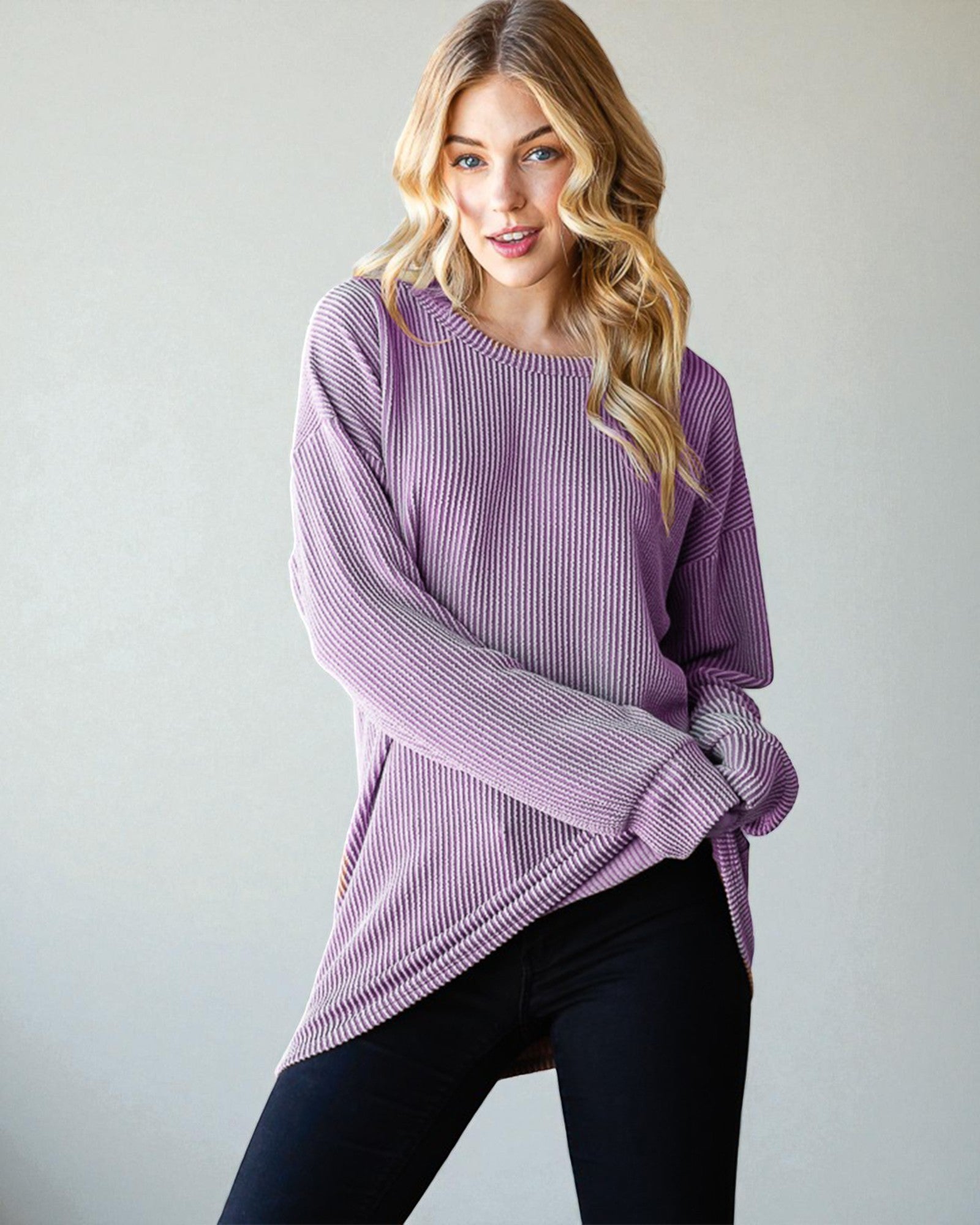 Dusty Lavender Ribbed Knit Pullover Top
