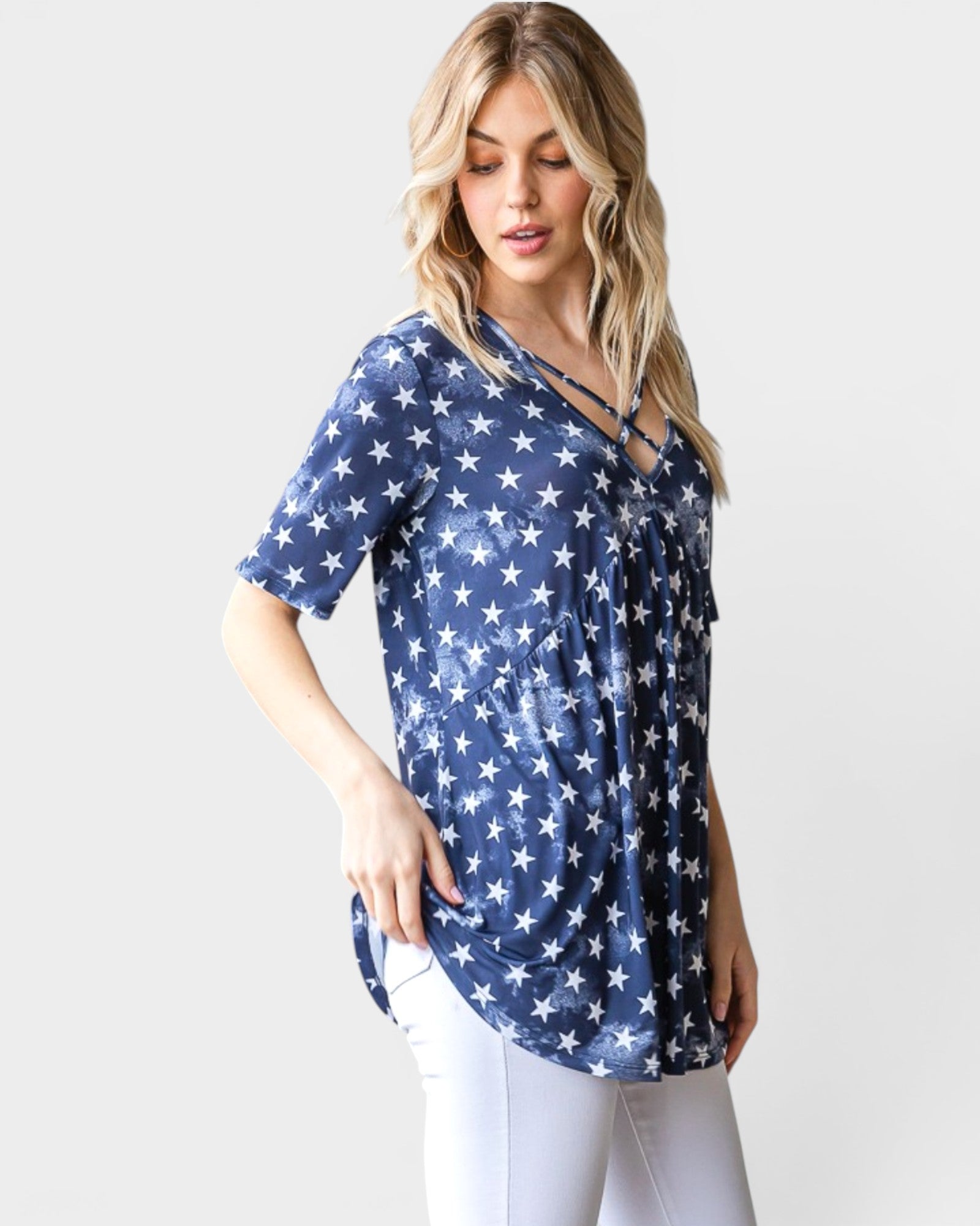 Top babydoll de manga corta con estampado de estrellas en azul marino