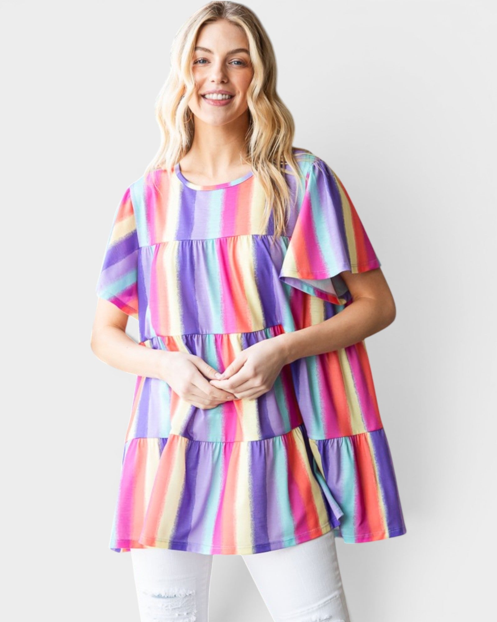 Rainbow Stripe Tiered Tunic Top