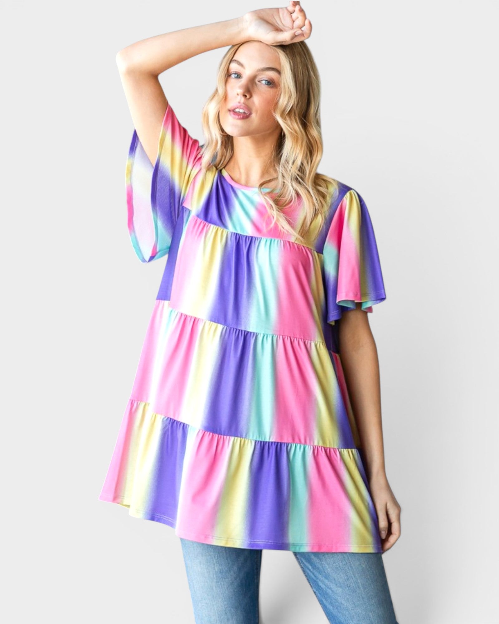 Haut à manches courtes à volants et rayures multicolores