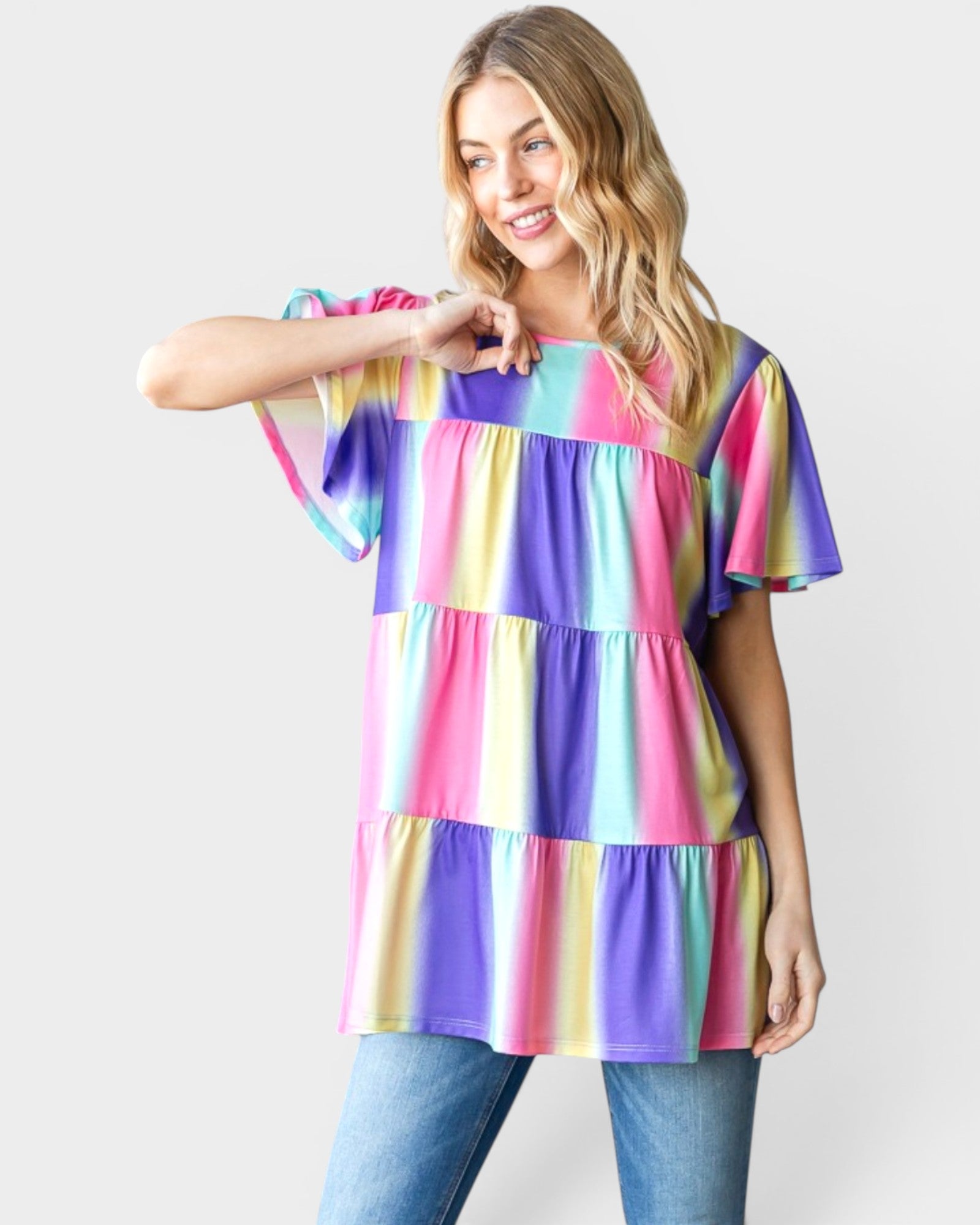 Haut à manches courtes à volants et rayures multicolores