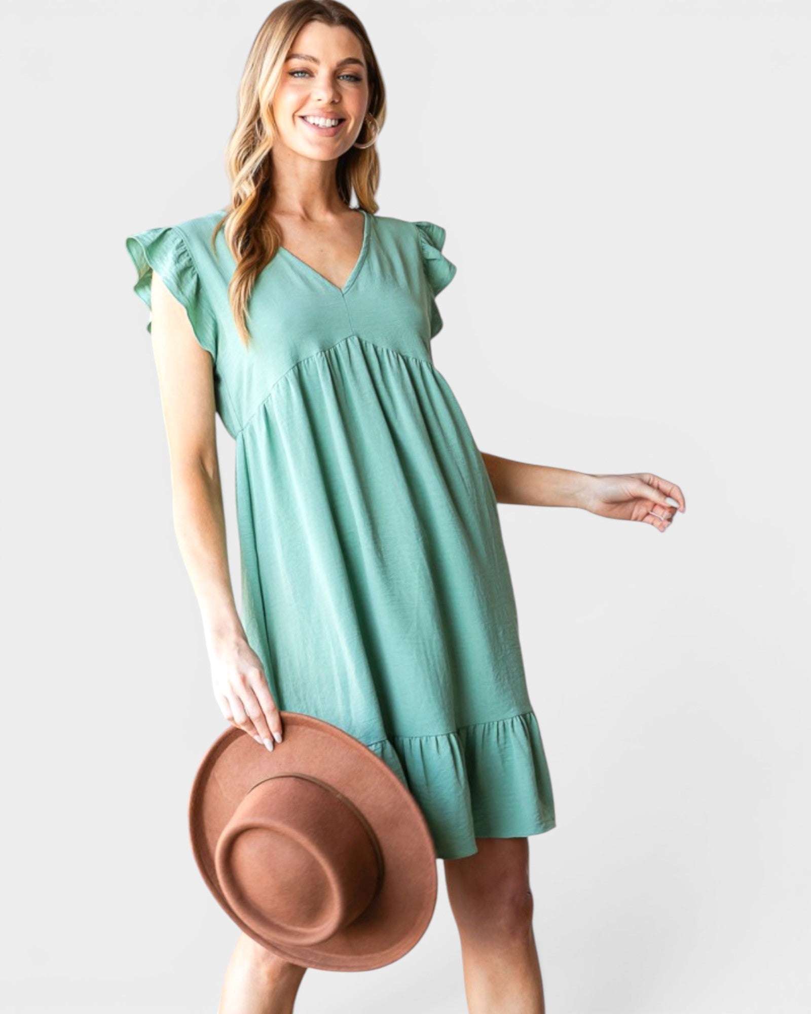 Dusty Sage Ruffle Sleeve Dress
