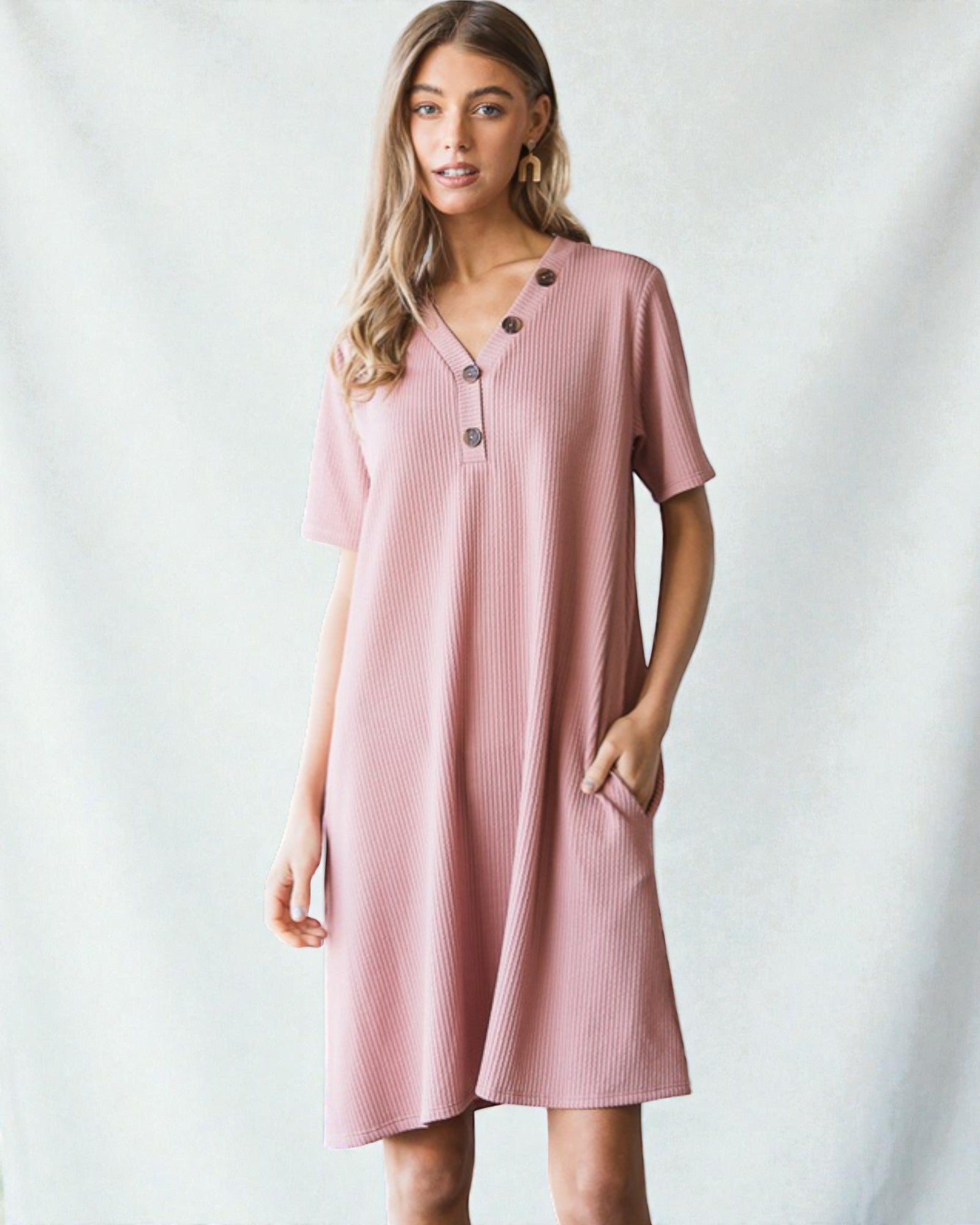 Dusty Mauve Ribbed Henley Mini Dress