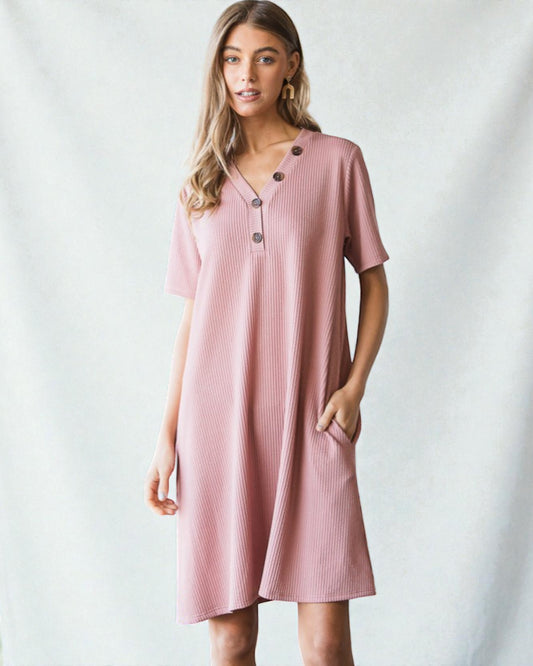 Dusty Mauve Ribbed Henley Mini Dress