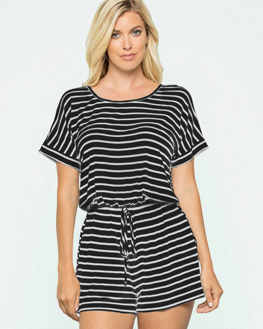 Black & White Striped Drawstring Romper