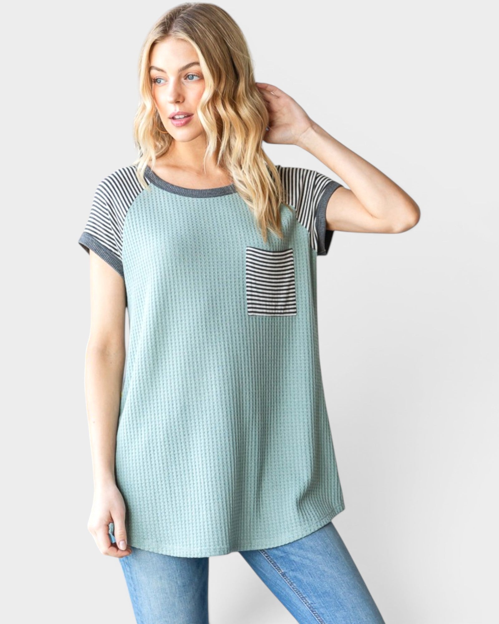 Sage Waffle Knit Stripe Sleeve Tee