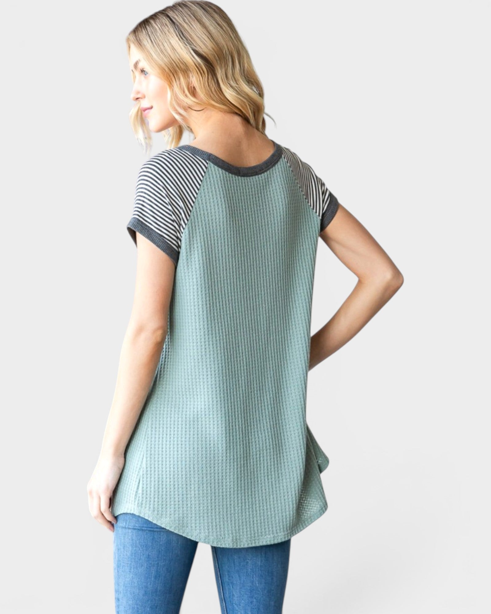 Sage Waffle Knit Stripe Sleeve Tee