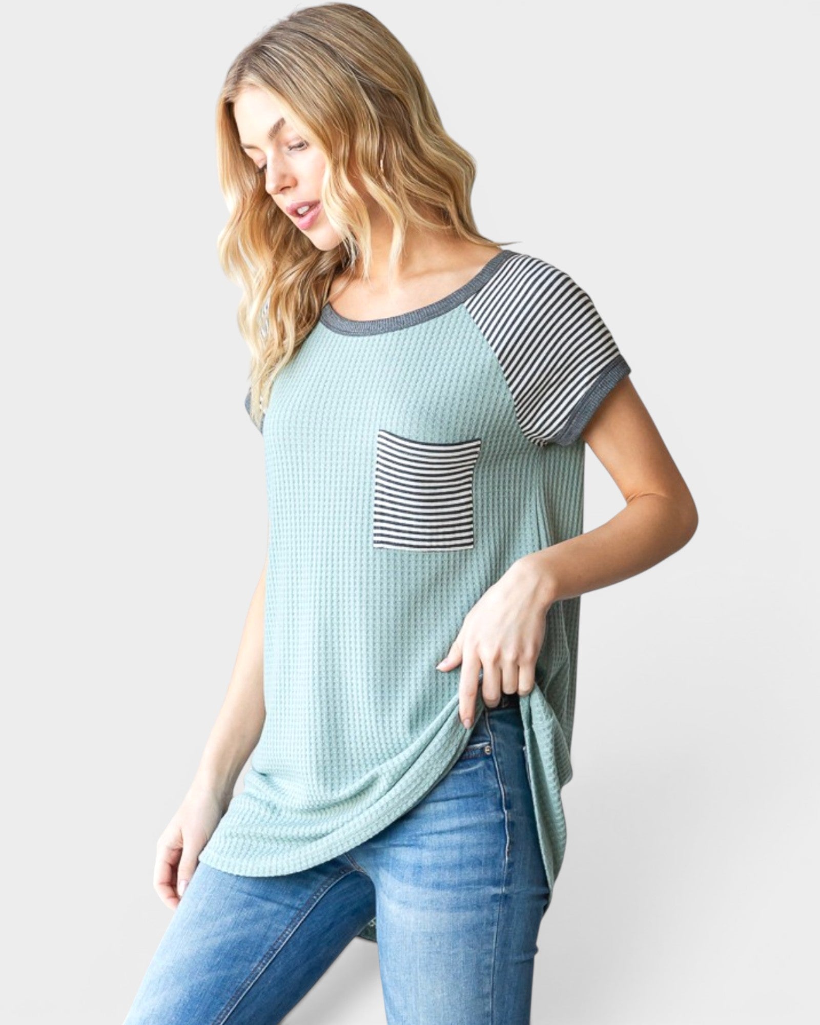 Sage Waffle Knit Stripe Sleeve Tee