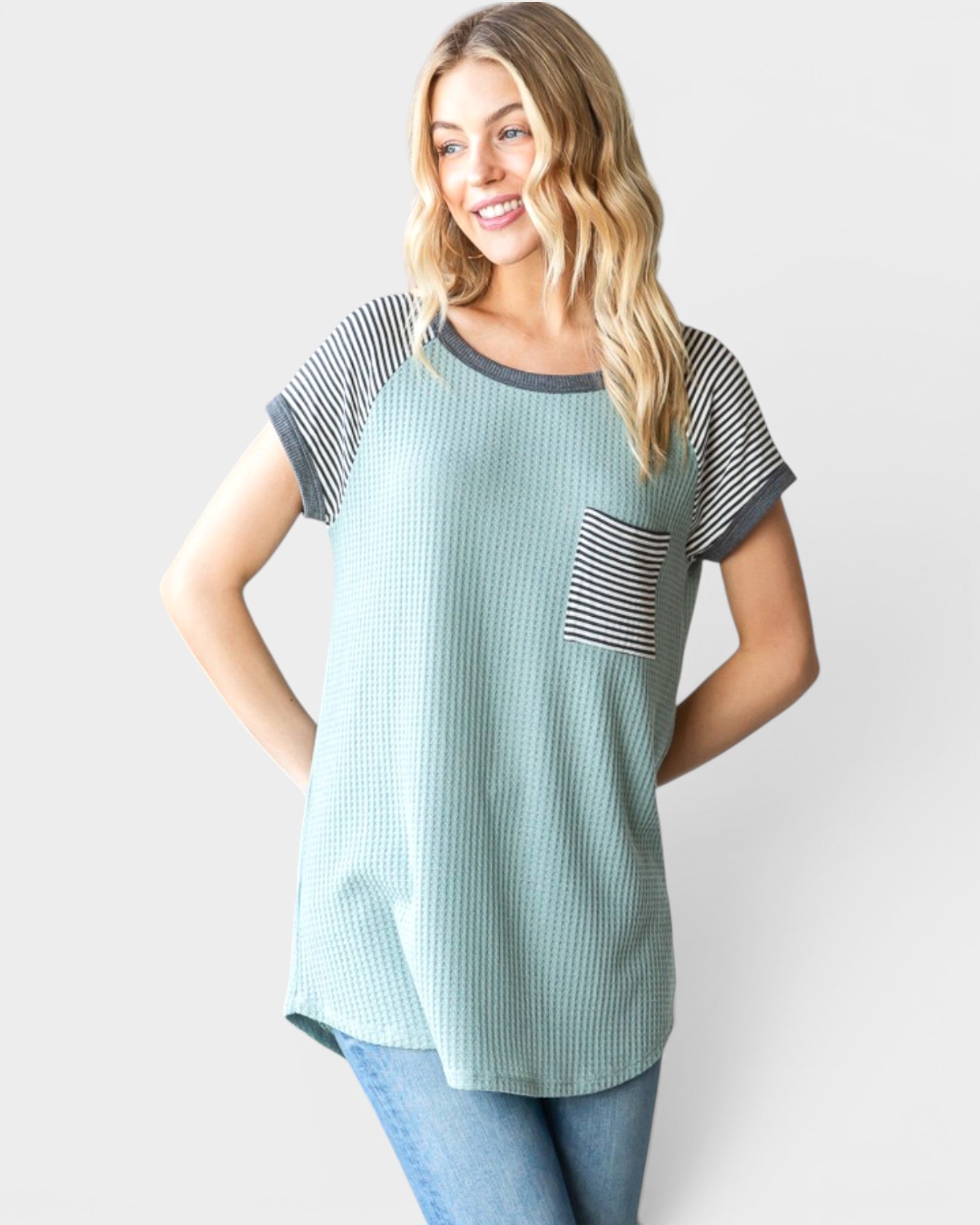 Sage Waffle Knit Stripe Sleeve Tee