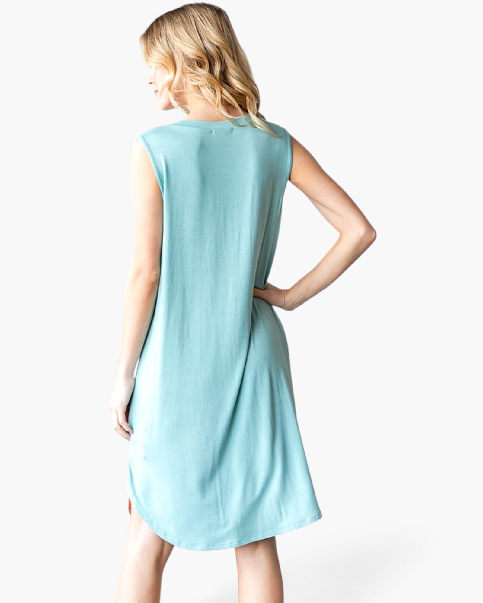 A woman wearing a light blue sleeveless shift dress, shown from the back against a plain white studio background.