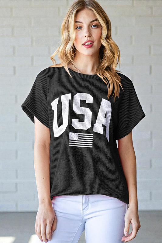 Black USA Graphic Rib Knit Top