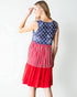 Robe longueur genou sans manches sur le thème du drapeau américain en rouge multicolore