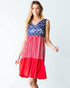 Robe longueur genou sans manches sur le thème du drapeau américain en rouge multicolore