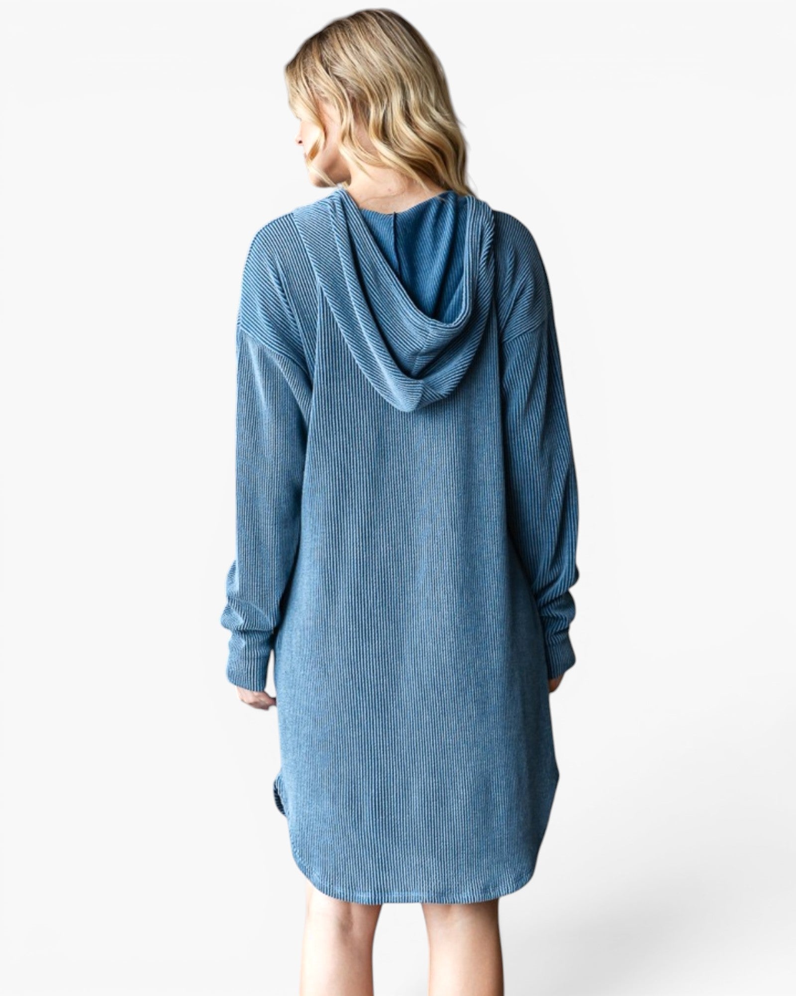 Vestido de punto acanalado con capucha y mangas largas hasta la rodilla en azul vaquero oscuro