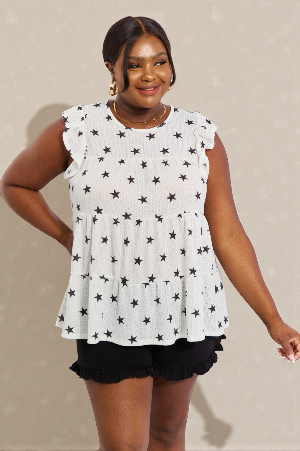 Haut babydoll à manches papillon et imprimé étoiles en blanc