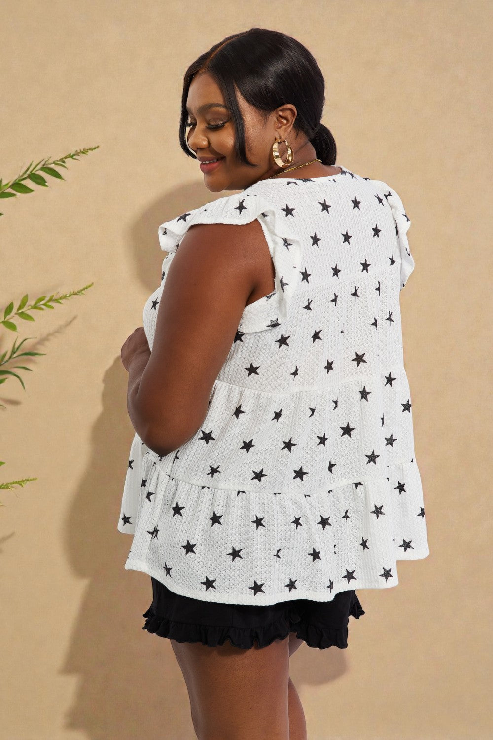 Haut babydoll à manches papillon et imprimé étoiles en blanc