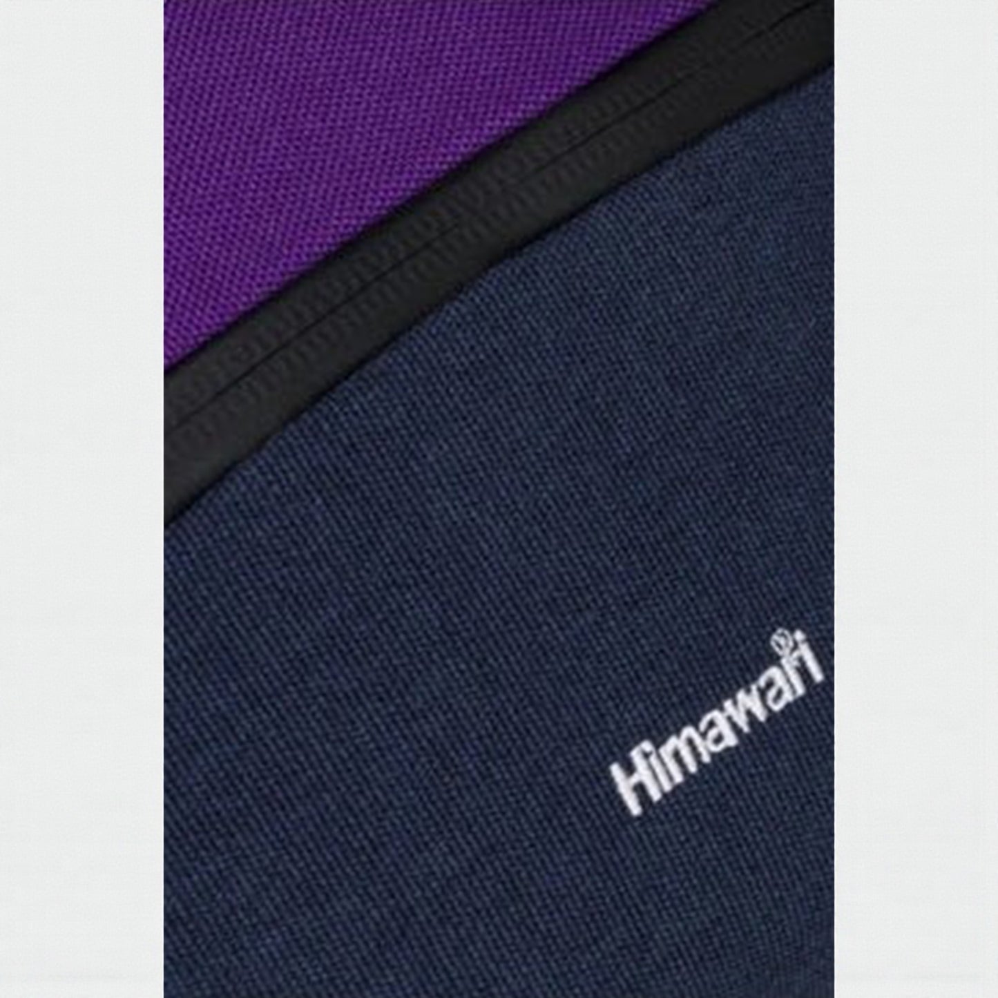 Navy bag with a black zipper and purple corner, featuring the brand 'Himawari'.