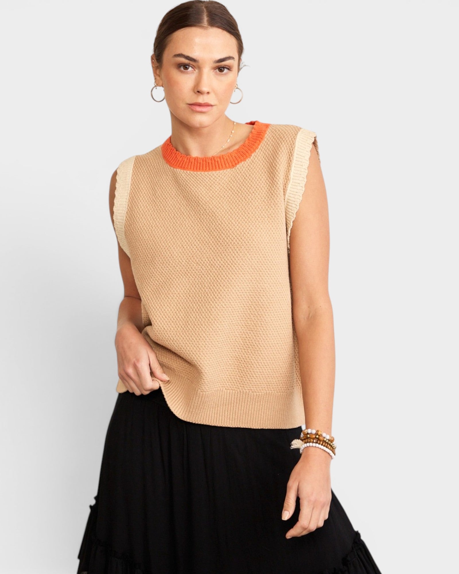 Pull sans manches à col ras du cou contrasté en taupe multicolore