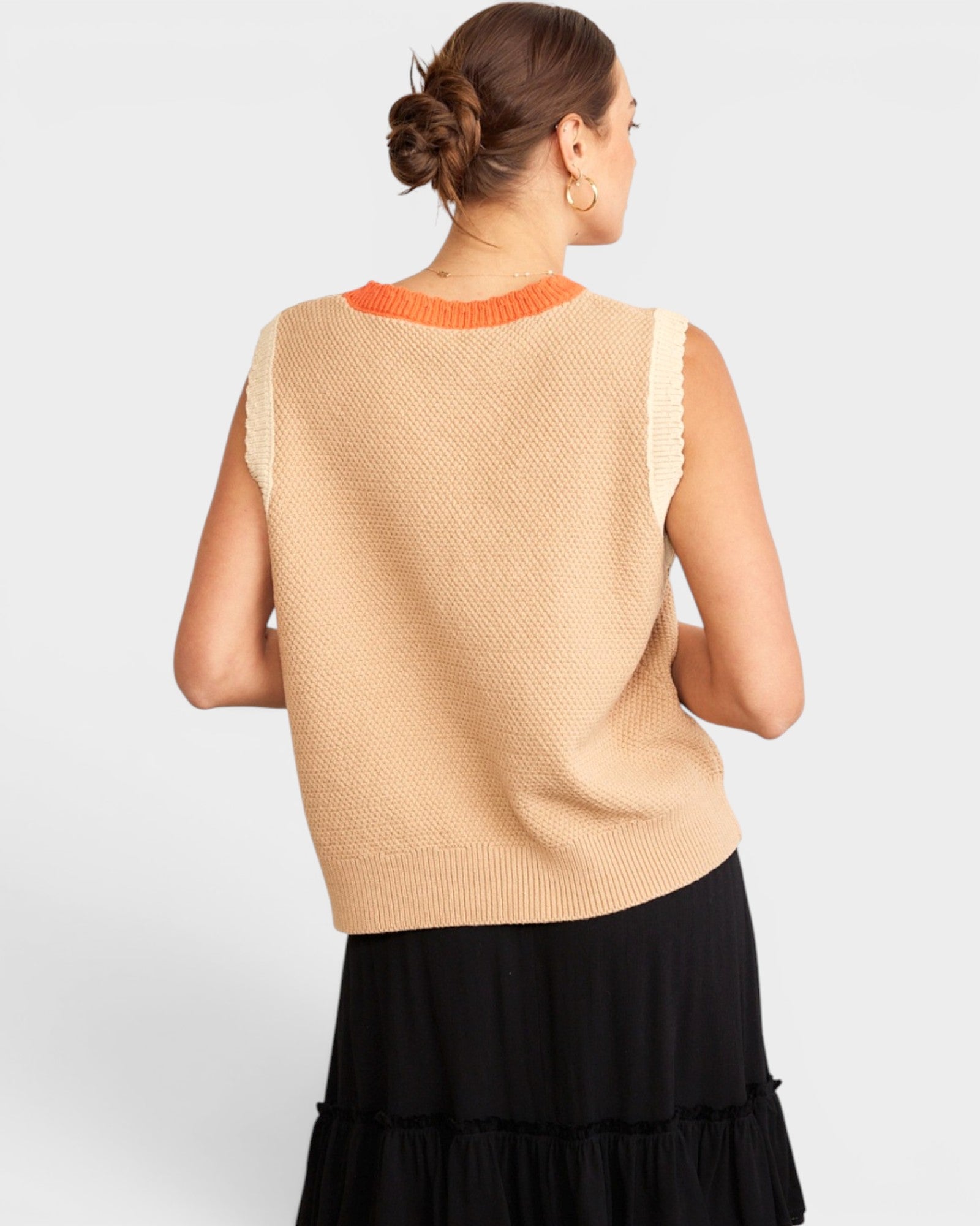 Pull sans manches à col ras du cou contrasté en taupe multicolore
