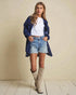 Woman wearing a blue coat, white shirt, denim shorts, and beige knee-high boots against a beige background.
