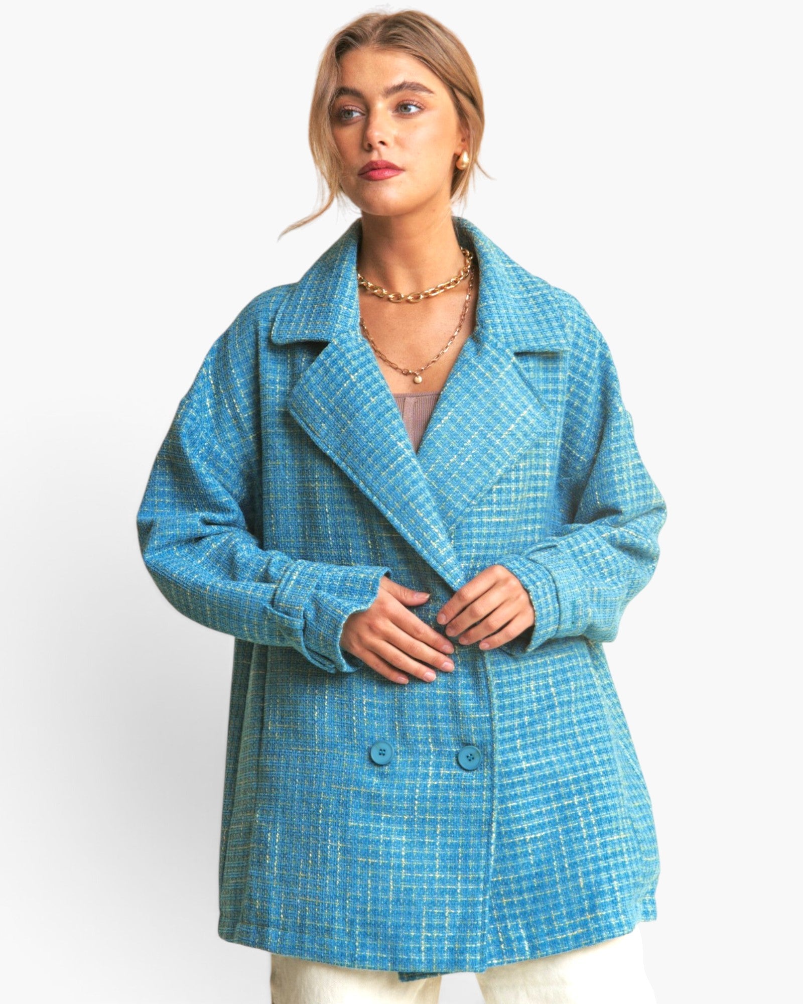 Chaqueta de tweed cruzada en color mar esmeralda