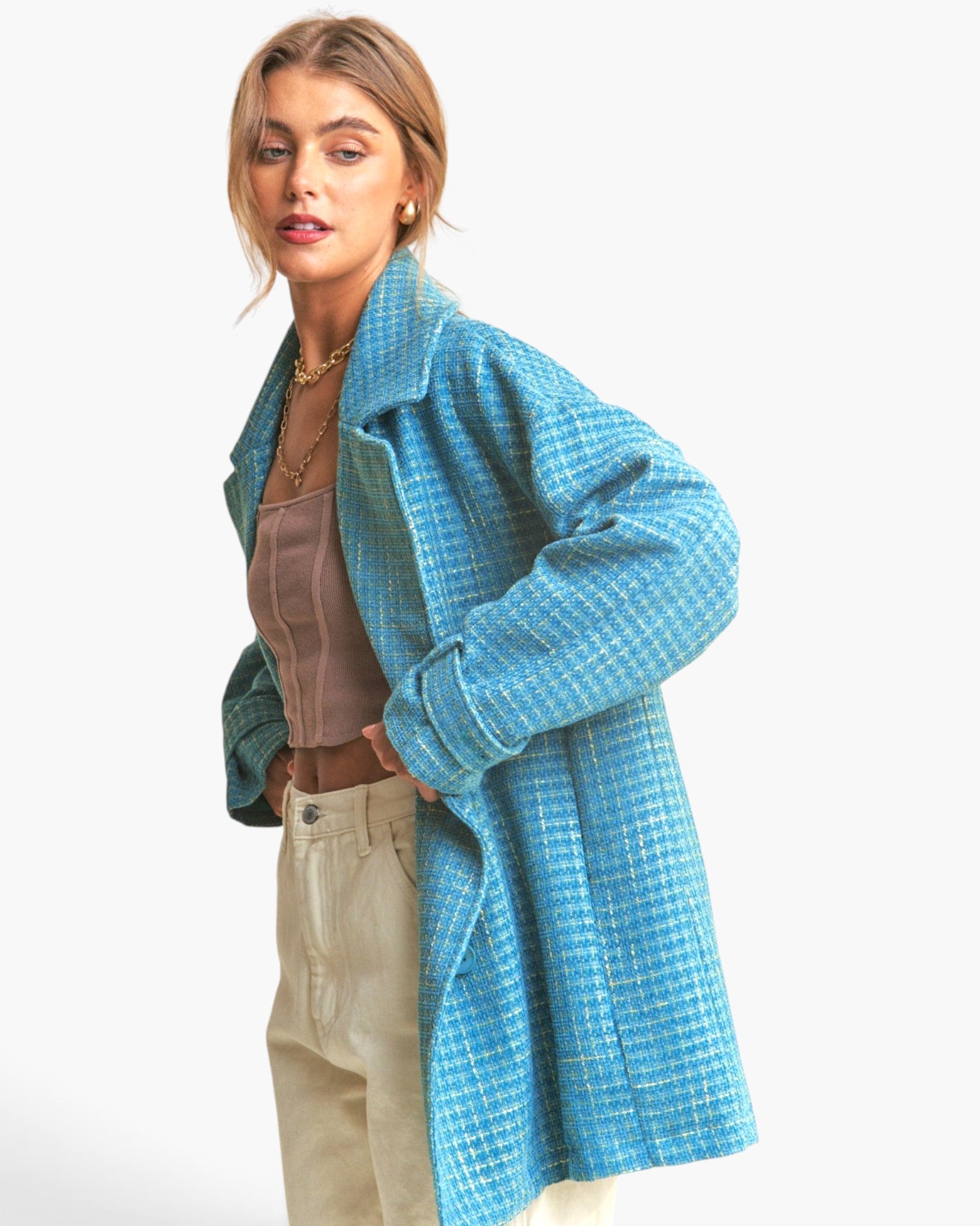 Chaqueta de tweed cruzada en color mar esmeralda