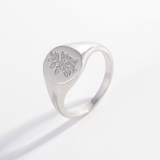 Silver Engraved Leaves Signet Ring
