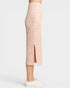 Pink patterned skirt with a slit on a white background