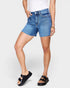Person wearing blue denim shorts on a white background