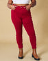 Person wearing red pants and brown shoes on a beige background