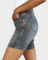 Denim shorts worn by a person on a white background