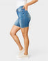 Person wearing blue denim shorts on a white background