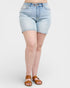 Light blue denim shorts worn by a person on a white background