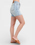 Light blue denim shorts worn by a person on a plain background