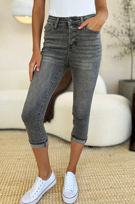 Button Fly High Waist Cuffed Capri Jeans in Gray