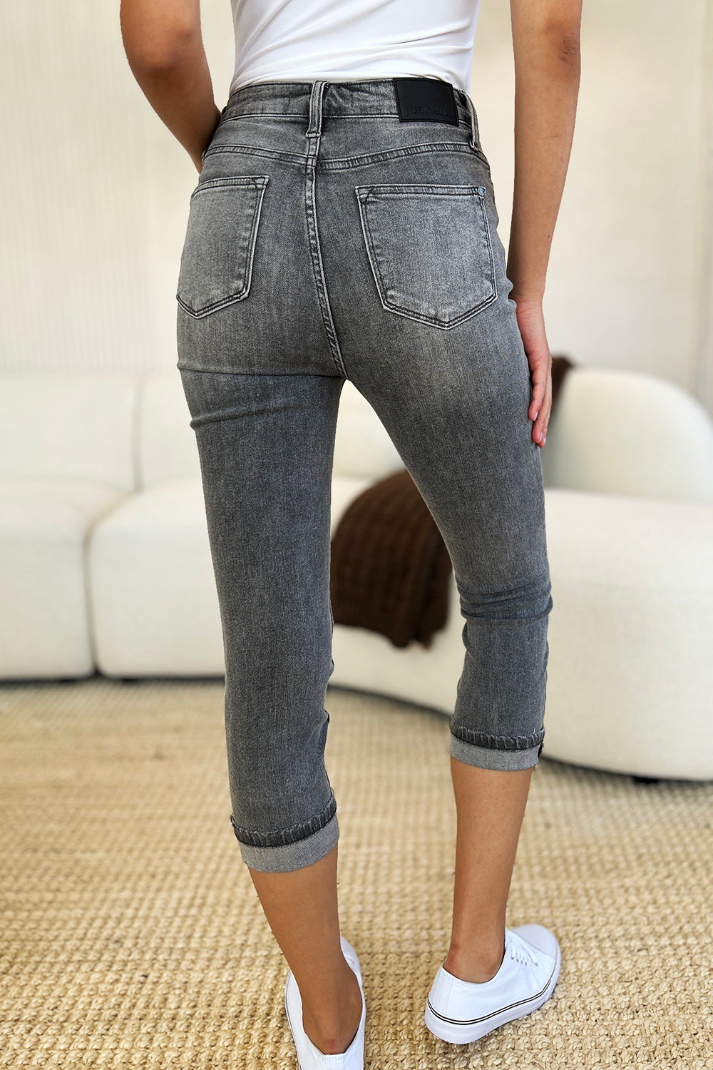 Button Fly High Waist Cuffed Capri Jeans in Gray