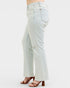 Light blue jeans worn by a person on a white background