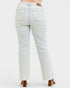 Light blue jeans worn by a person on a white background