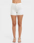 White shorts worn by a person on a white background