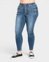 Blue jeans with button fly on a white background