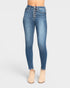 Blue jeans with button details on a white background