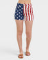American flag patterned shorts worn by a person on a white background