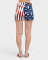 American flag patterned shorts on a plain background